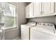 Functional laundry room with white washer and dryer, storage cabinets, and a window with natural light at 4415 Dorset Ln, Suwanee, GA 30024