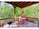 Inviting back deck featuring an umbrella-covered table, grill, and wooded view at 5093 Heartland Trl, Hoschton, GA 30548