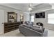 Inviting living room with large screen TV, comfy seating, and a view of connecting bathroom at 5093 Heartland Trl, Hoschton, GA 30548