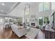 Living room with a fireplace, hardwood floors, and open to the kitchen at 605 Tatum Ct, Alpharetta, GA 30022