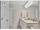 Bathroom featuring granite counters, double sinks, and white cabinets at 244 Walnut Ridge Rd, Canton, GA 30115