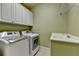 Laundry room with modern washer, dryer, sink and overhead cabinets at 6273 Clapham Ln, Johns Creek, GA 30097