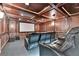 Home theater room with tiered seating, leather recliners, a large screen, and custom wood trim at 1806 Royal Troon Ct, Duluth, GA 30097