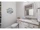 Stylish half bath featuring granite counters, new fixtures, and decorative wall art at 201 Aster Ct, Canton, GA 30114