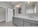 Bright bathroom featuring double sink vanity, gray cabinets, and modern lighting fixtures at 1179 Bennett Creek Overlook, Suwanee, GA 30024