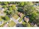 An aerial view of a home with a long driveway surrounded by mature trees in a residential area at 2520 Hartford Dr, Ellenwood, GA 30294