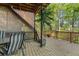 Spacious wooden deck with stairs to the yard; shaded by a privacy screen for outdoor enjoyment at 403 S River Farm Dr, Alpharetta, GA 30022