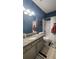 Bathroom featuring a truck themed shower curtain, granite countertops, and ceramic tile flooring at 116 Ridge Xing, Temple, GA 30179