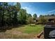 Spacious backyard with mature trees, offering privacy and a peaceful setting, plus an AC unit on the patio at 69 Country Place Ct, Alpharetta, GA 30005