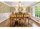 Charming dining room with wainscoting, floral wallpaper, and a beautiful chandelier above a wood table at 568 Timberland Dr, Atlanta, GA 30342