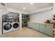 Well-organized laundry room featuring modern washer/dryer, ample storage, and stylish patterned flooring at 568 Timberland Dr, Atlanta, GA 30342