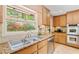 A kitchen sink area features stainless steel appliances, granite counters, and a view of the backyard landscaping at 2208 Guinevere Ne Way, Atlanta, GA 30345