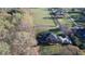 Expansive aerial view showcasing a brick home, large grassy yard, and a long driveway at 5254 Franklin Goldmine Rd, Cumming, GA 30028