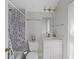 Stylish bathroom features a single sink vanity, decorative tile in the shower, and modern lighting at 105 Grogans Lake Dr, Atlanta, GA 30350