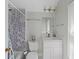 Cozy bathroom features decorative accent wall, vanity with white cabinets and marble countertop, and updated fixtures at 105 Grogans Lake Dr, Atlanta, GA 30350