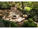 Landscaped backyard with a stone fire pit and patio area surrounded by lush greenery and shade trees at 2015 N Decatur Ne Rd, Atlanta, GA 30307