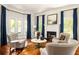 Comfortable living room with hardwood floors, fireplace, white trim, and large windows with blue drapes at 2015 N Decatur Ne Rd, Atlanta, GA 30307