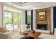 Cozy living room showing a stone fireplace with mantle, neutral furniture, and outdoor views at 2015 N Decatur Ne Rd, Atlanta, GA 30307