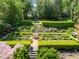 An aerial shot highlights the beautifully landscaped, multi-tiered garden and outdoor seating at 2648 Rivers Nw Rd, Atlanta, GA 30305