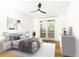 Bright bedroom with a ceiling fan, private balcony and modern decor at 273 12Th Ne St # 114, Atlanta, GA 30309