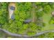 Aerial view shows a home with a large garage nestled within a green, wooded landscape at 1943 Scott Rd, Canton, GA 30115