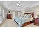 Large main bedroom boasts neutral carpet, tray ceiling, french doors to the balcony, and ensuite bath at 3110 Royal Troon, Woodstock, GA 30189