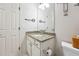Bathroom featuring granite countertop, white vanity, and decorative wrought iron accents at 715 Aronson Lake Ct, Roswell, GA 30075