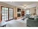 Cozy living room features french doors leading to outdoor space, a fireplace, plush seating, and a ceiling fan at 1423 Fairfield Sw Dr, Lilburn, GA 30047