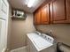 Well-equipped laundry room with upper cabinets and efficient washer and dryer setup at 2380 Emerald Dr, Loganville, GA 30052