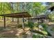 Log cabin and covered area surrounded by lush greenery, showcasing its rustic charm and outdoor space at 3401 Clay Rd, Austell, GA 30106
