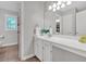 Bathroom vanity and countertop with mirror and decorative items, adjacent to the shower and toilet at 4380 Laurian Nw Dr, Kennesaw, GA 30144