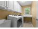 Well-organized laundry room with white cabinets, countertop, modern washer and dryer at 203 Setters Rdg, Canton, GA 30115