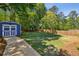 Large backyard with a storage shed and a well-maintained lawn at 1110 Tuxedo Dr, Roswell, GA 30075