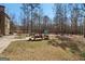 Beautiful backyard with a custom built-in outdoor seating area around a fire pit at 283 Rosebay Ln, Sharpsburg, GA 30277
