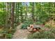 Secluded backyard picnic area with a wooden table and benches, surrounded by dense trees and greenery at 3704 Wilkins Cir, Powder Springs, GA 30127