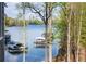 Scenic lake view showcasing boat docks surrounded by lush green trees at 7305 Breeze Bay Rd, Cumming, GA 30041