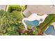Breathtaking aerial view of a backyard oasis with a custom pool, spa, and beautifully landscaped patio, perfect for entertaining at 134 Lakestone Pkwy, Woodstock, GA 30188
