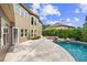 Backyard features a beautiful pool, stone patio, hot tub, and professionally landscaped greenery at 134 Lakestone Pkwy, Woodstock, GA 30188
