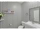 Powder room with patterned wallpaper and a shelf to display bathroom decor at 5123 Tulip Sq, Acworth, GA 30101