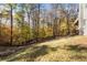 View of the spacious backyard, highlighting grass, mature trees and wood stairs with nature views at 270 Boulder Dr, Roswell, GA 30075