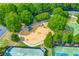 Aerial view of the community playground and tennis courts surrounded by mature trees and green spaces at 2009 Westside Ln, Woodstock, GA 30189