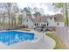 Lovely in-ground pool and spacious backyard with a beautiful home exterior in the background at 1484 W Prospect Dr, Lawrenceville, GA 30043