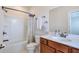 Bathroom with a modern vanity and combined shower and tub with nautical-themed curtain at 2032 Holtz Ln, Atlanta, GA 30318