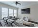 Cozy living room with modern sectional, ceiling fan, media console, and bright windows at 2032 Holtz Ln, Atlanta, GA 30318