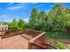 Outdoor wooden deck with railing, offers a serene view of the green trees and blue sky at 213 Roseman Way, Woodstock, GA 30188