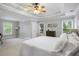 Bright main bedroom with tray ceilings, carpeted floors, and large windows providing a serene view at 4350 Oakdale Vinings Se Cir, Smyrna, GA 30080