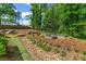 Backyard with mulch landscape, stone accents, vegetable garden and small bridge at 3603 Allpoint Dr, Marietta, GA 30062