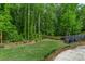 Large backyard featuring mature trees, a lush lawn, and a firepit seating area at 3603 Allpoint Dr, Marietta, GA 30062