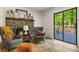 Cozy living room features stone fireplace, seating, and sliding door with view of backyard at 3603 Allpoint Dr, Marietta, GA 30062