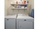 Functional laundry room with white washer and dryer and overhead storage shelves at 2525 Ashton Dr, Roswell, GA 30076